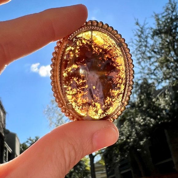 Natural Colorful Moss Agate Stone Gold Tone Open Back Estate Pin Brooch - Picture 6 of 6